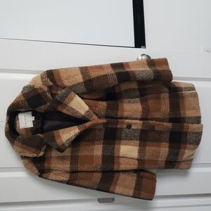 Women's Checkered Teddy Jacket - Brown and Cream